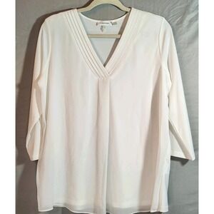 Calvin Klein Woman Med. White Blouse Gold Accent Logo Boho Airy 3/4 Sleeve Vneck